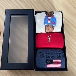 NEW RALPH LAUREN POLO TEDDY BEAR SOCKS IN BOX 3 DIFFERENT PAIRS .